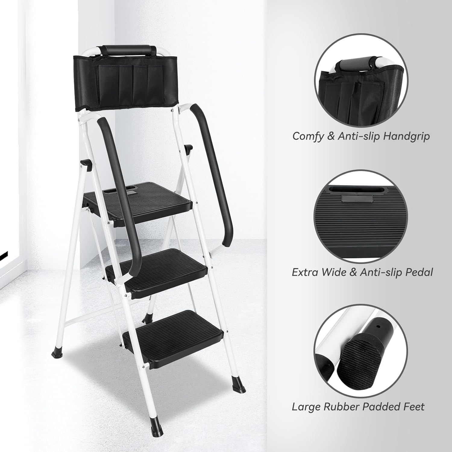 3 Step Ladder with Handrails, Attachable Tool Bag, 500 lbs Capacity, White X59037