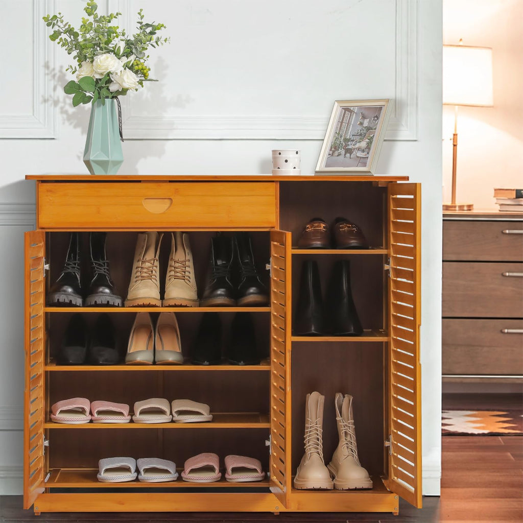 Magshion 4 Tier Bamboo Shoe Storage Cabinet with Drawer & Shutter Door Y186967