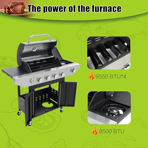 4 Burner Gas Grill with Side Burner, Stainless Steel Propane BBQ U7093