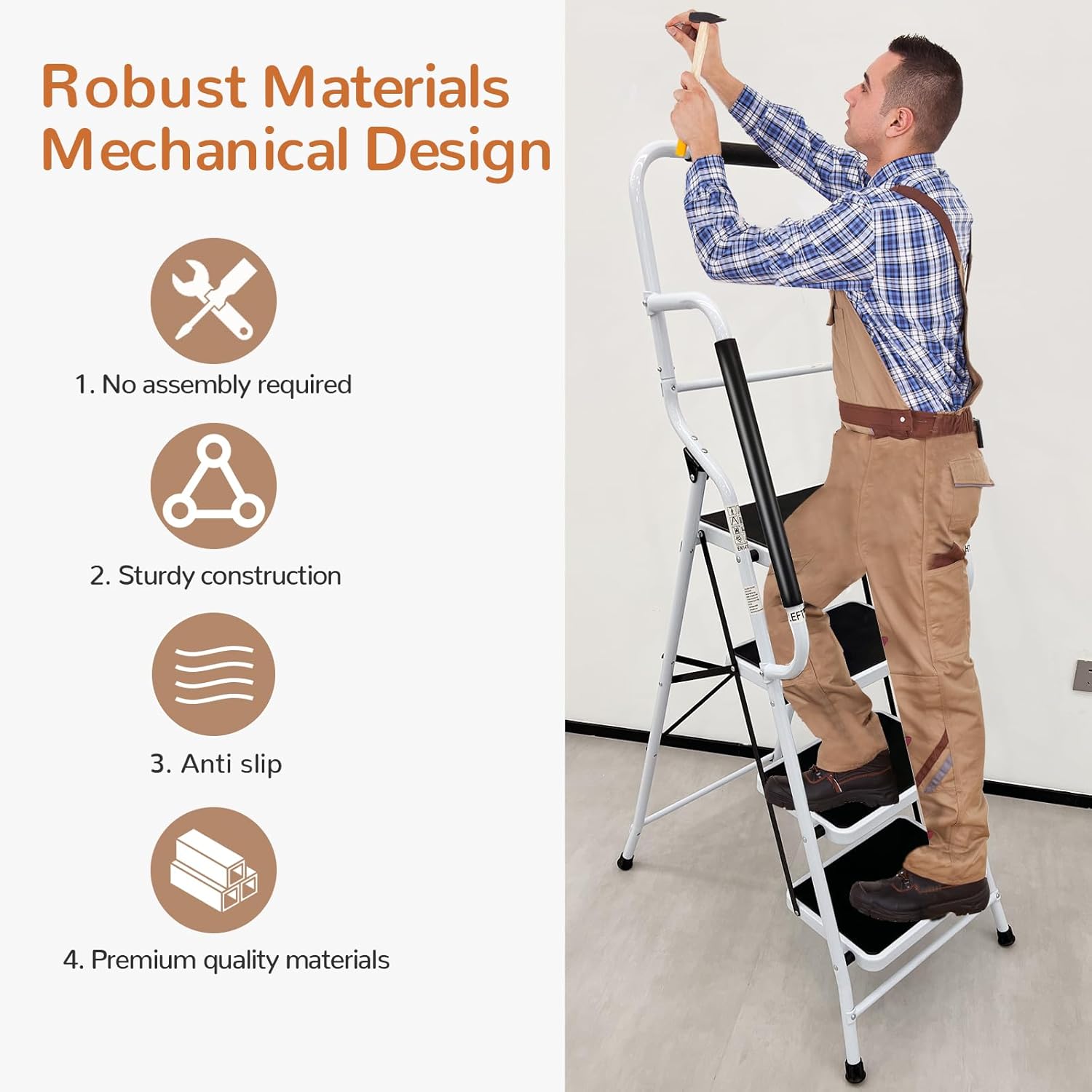 4 Step Ladder with Handrails and Tool Bag, 300 lb Capacity, White Q690818