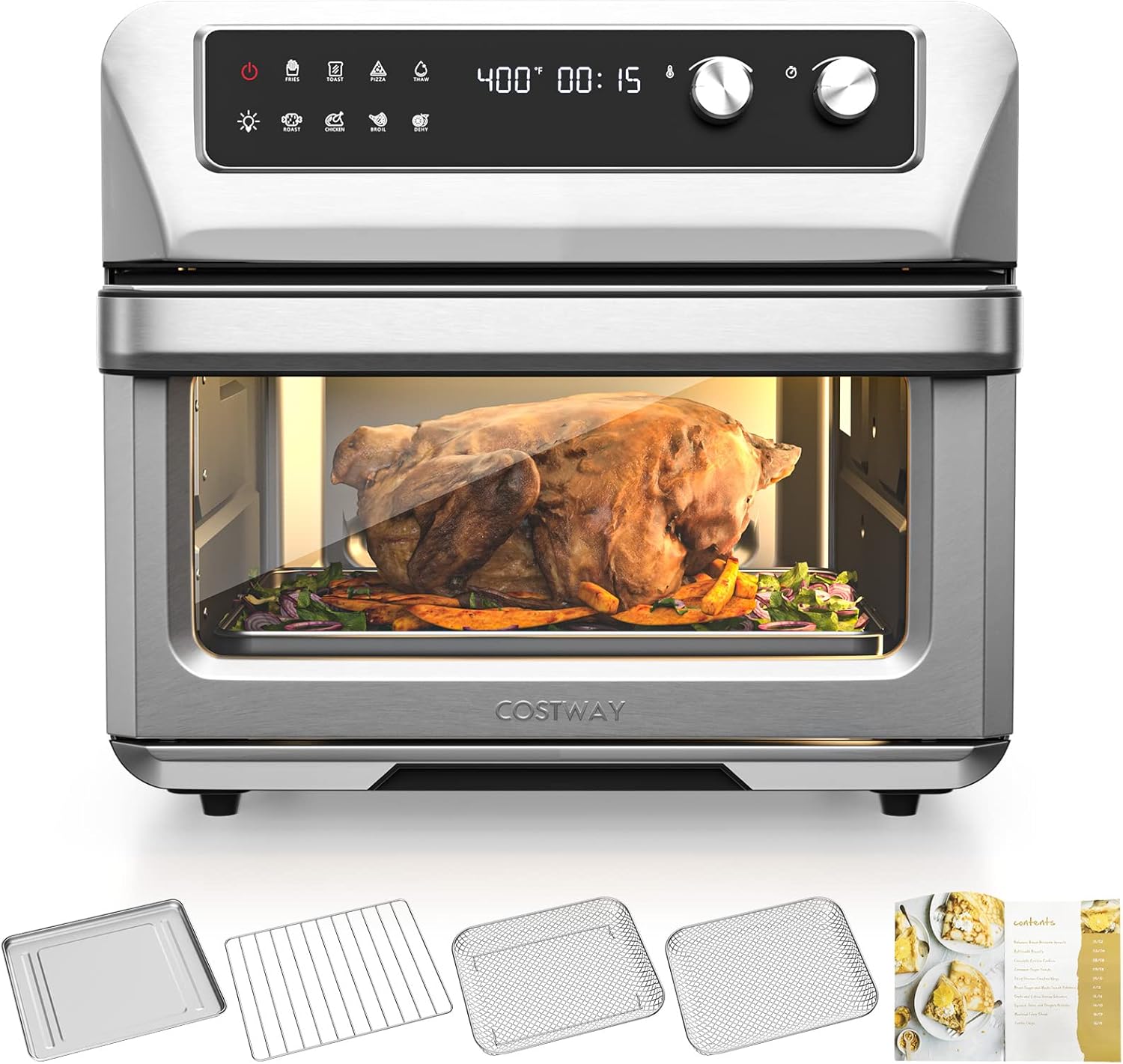 COSTWAY Air Fryer Toaster Oven, 21 QT Toaster Oven Air Fryer Combo with 8 Preset Functions, Smart Control Panel & LCD Display, Reminder Ring, Crumb Tray, 5 Accessories & Recipe Included, 1800W, Silver