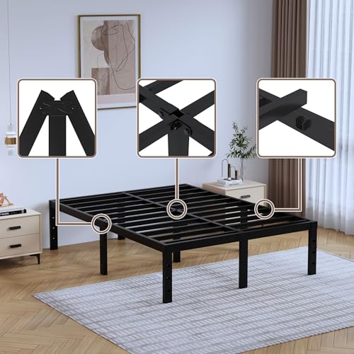 Full Metal Bed Frame 14 Inch Tall Heavy Duty Black Steel Slats Platform J736200