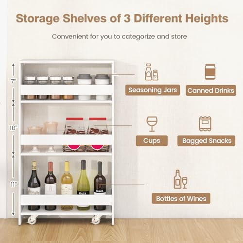 Slim 4-Tier Rolling Storage Cart on Wheels, Wood Shelving Unit with Handle, White H76328