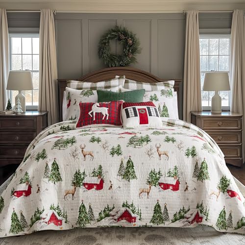 Levtex Home - Tatum Pines Quilt Set - King/Cal King Holiday Quilt 106x92 and Two King Pillow Shams 20x36 - Christmas Cabin - Red, Green, Brown and White - Reversible - Cotton