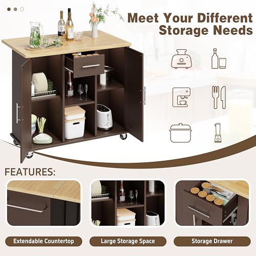 Shintenchi Kitchen Island with Drop Leaf, Rolling Cart with Storage, White T972