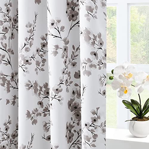 HOMEIDEAS Taupe Floral Blackout Curtains, 52 X 84 Inches Length Farmhouse Grey Flower Print Curtains for Bedroom Room Darkening Grommet Window Curtains for Living Room, 2 Panels