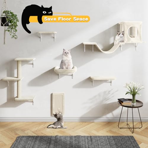 NUNU LAB Wall Mounted Cat Furniture, 7 Pcs Cat Wall Shelves with House, Gray T582052