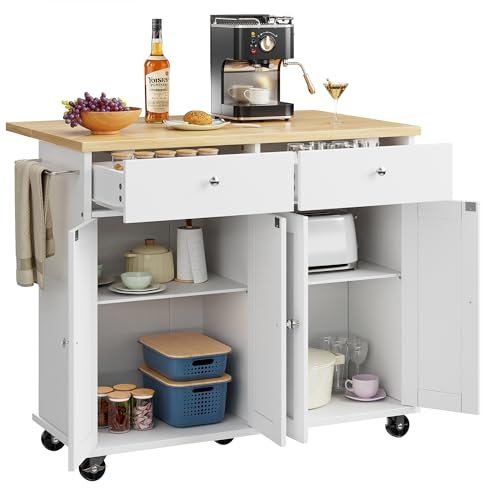 Shintenchi Kitchen Island with Drop Leaf, Rolling Cart with Storage, White T972