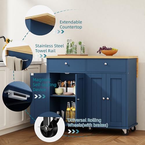 Shintenchi Kitchen Island with Drop Leaf, Rolling Cart with Storage, White T972