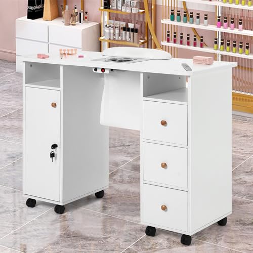 Artist Hand Manicure Table with Lockable Wheels and Storage Drawers, White Z21580