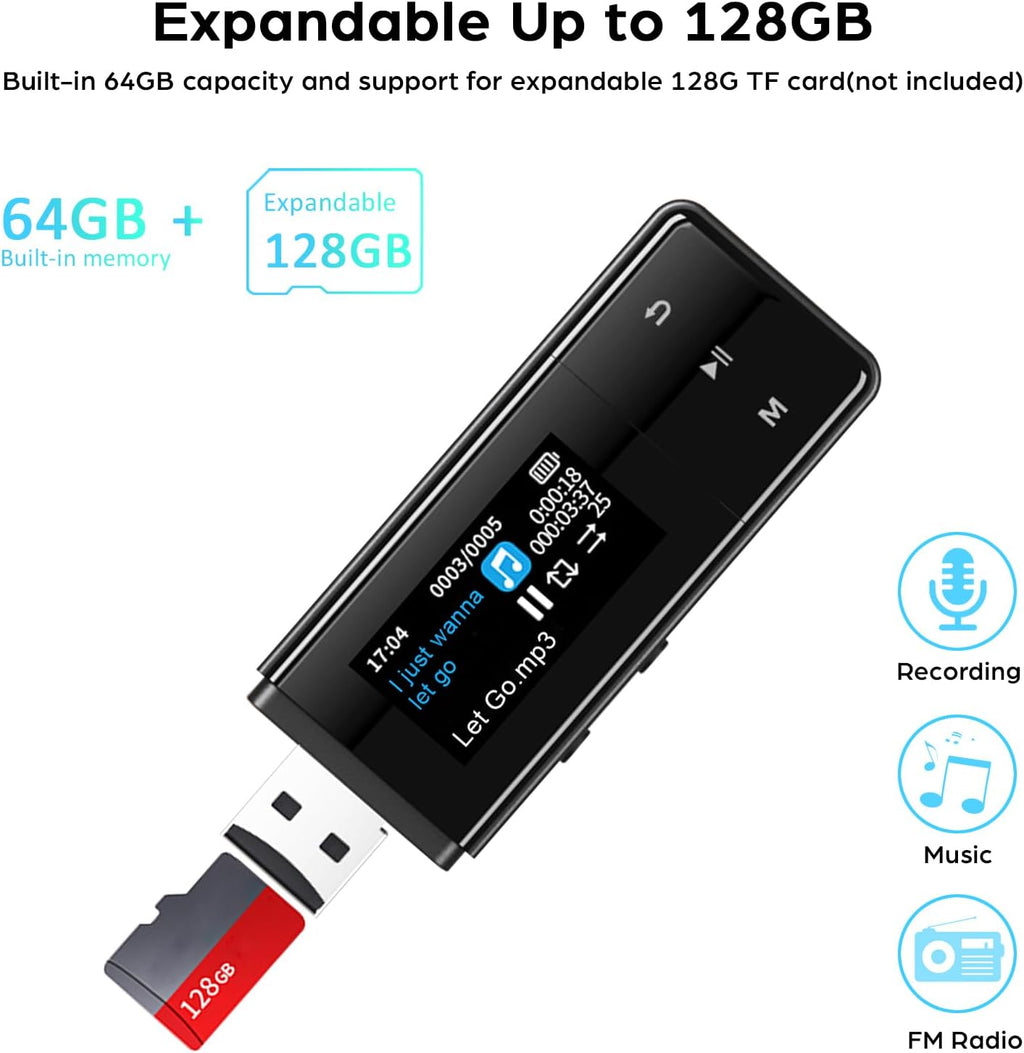 64GB Bluetooth MP3 Player with Clip, USB & Type-C, Black C768969