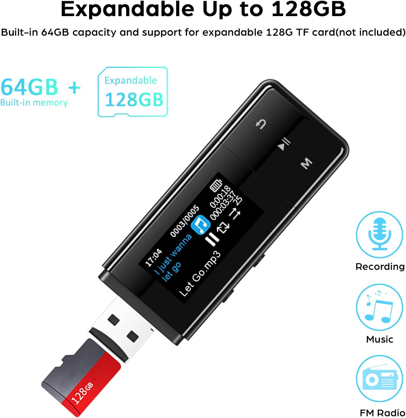 64GB Bluetooth MP3 Player with Clip, USB & Type-C, Black C768969