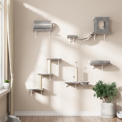 NUNU LAB Wall Mounted Cat Furniture, 7 Pcs Cat Wall Shelves with House, Gray T582052