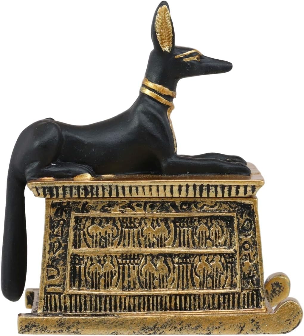 Ebros Egyptian Anubis Hieroglyphic Cartouche Box Figurine Black and Gold Finish F567