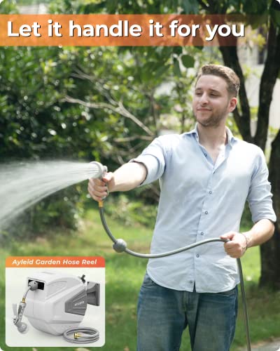 Ayleid Retractable Garden Hose Reel, 1/2 in x 100 ft, Wall Mounted, Grey Q139915