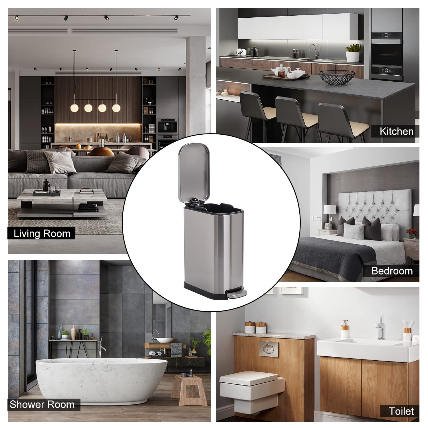 Stainless Steel Bathroom Trash Can with Lid 10L Silver N771