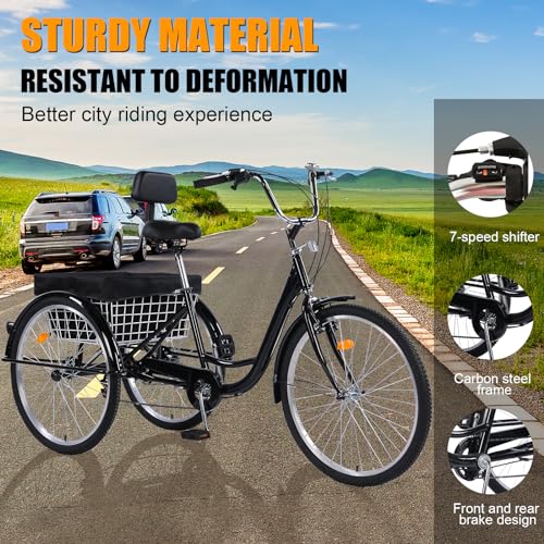 Adult Tricycle 26 Inch 7 Speed 3 Wheel Bike with Basket for Seniors K5388