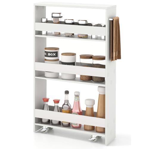 Slim Rolling Storage Cart, 4-Tier Kitchen Utility Carts on Wheels, Wood Shelving Unit Organizer Trolley with Handle, 5” Width Narrow Cart for Small Spaces, Laundry, Bathroom (White)