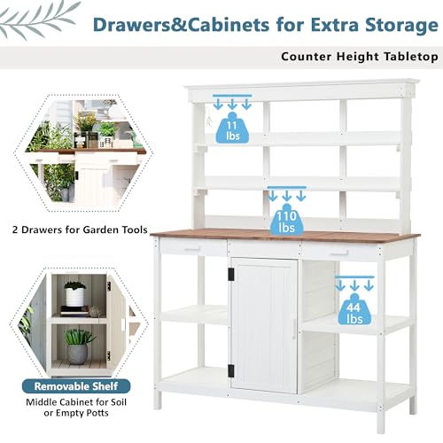 Outdoor Wooden Potting Bench Table with Drawers and Storage Shelves C672480