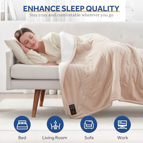SEALY Heated Blanket Throw, Reversible Flannel to Sherpa, 4 Heat Levels, 50x60 in, Beige N152
