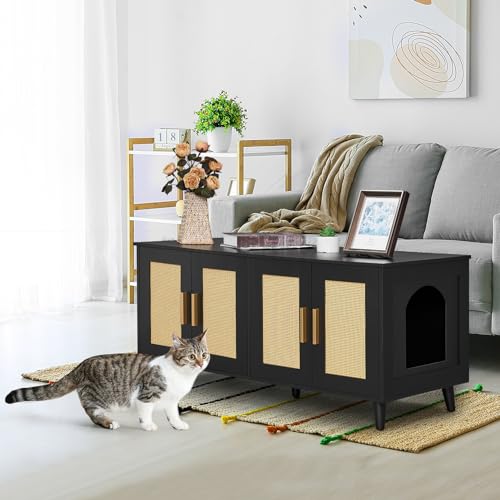 Homhedy Boho Cat Litter Box Enclosure for 2 Cats with Rattan Doors, Natural U829