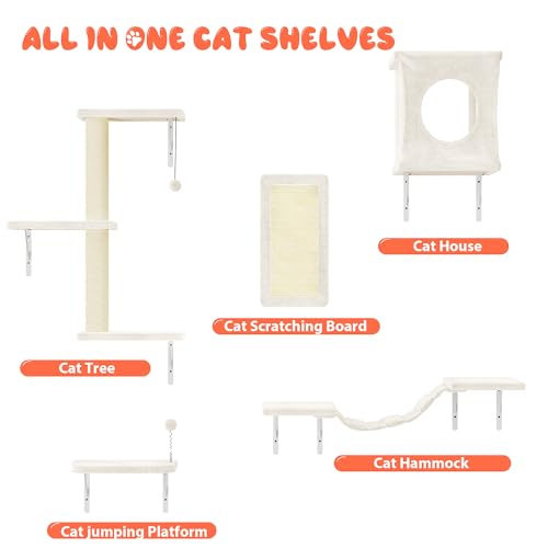 NUNU LAB Wall Mounted Cat Furniture, 7 Pcs Cat Wall Shelves with House, Gray T582052