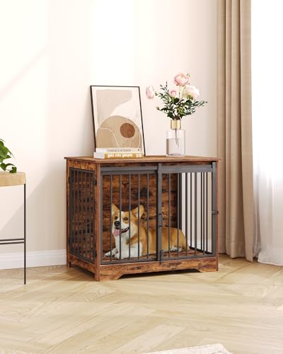 Dog Crate Furniture with Barn Door for Small Medium Dogs, Rustic Brown P911