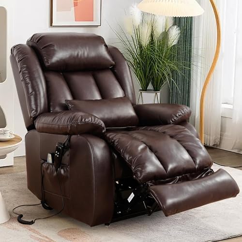 EDILLY Genuine Leather Power Lift Recliner Chair with Massage and Heating, Brown C901