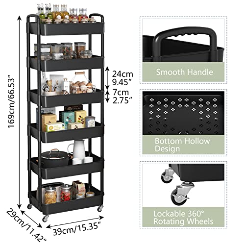 Sywhitta 3-Tier Plastic Rolling Utility Cart with Handle, Black F220270