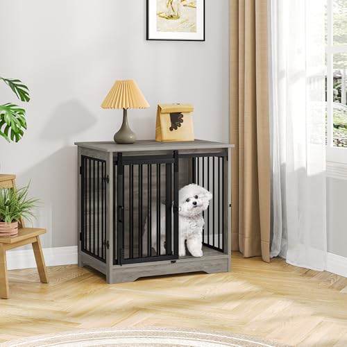 Dog Crate Furniture with Barn Door for Small Medium Dogs, Rustic Brown P911