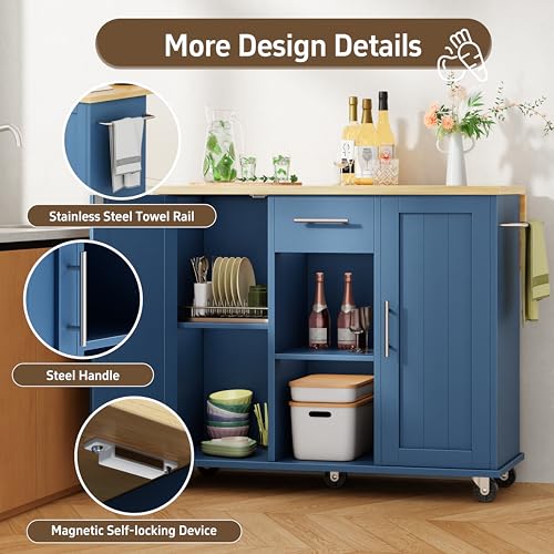 Shintenchi Kitchen Island with Drop Leaf, Rolling Cart with Storage, White T972
