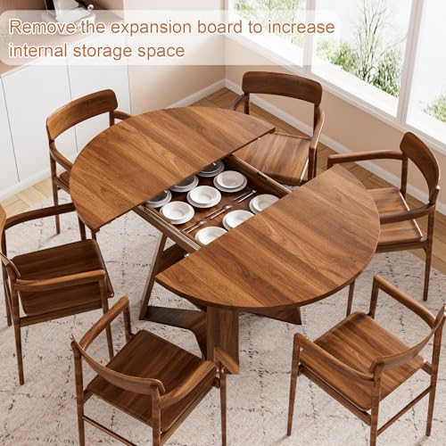 Extendable Round Dining Table for 4-8 with Removable Leaves, Wood Base, Walnut V742