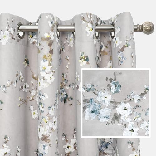 DriftAway Flower Floral Pencil Sketch Blackout Room Darkening Grommet Lined Thermal Insulated Energy Saving Window Curtains 2 Layer Set of 2 Panels Each 52 Inch by 84 Inch Gray and Soft White