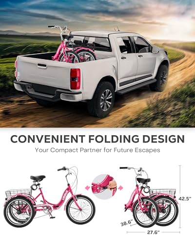 Viribus Folding Adult Tricycle 7 Speed, 20 Inch, 3 Wheel Bike, Deep Pink S660