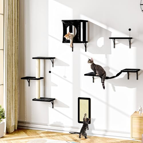NUNU LAB Wall Mounted Cat Furniture, 7 Pcs Cat Wall Shelves with House, Gray T582052