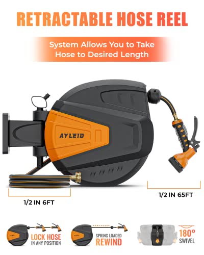 Ayleid Retractable Garden Hose Reel, 1/2 in x 100 ft, Wall Mounted, Grey Q139915