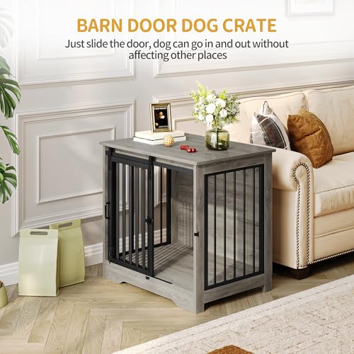 Dog Crate Furniture with Barn Door for Small Medium Dogs, Rustic Brown P911