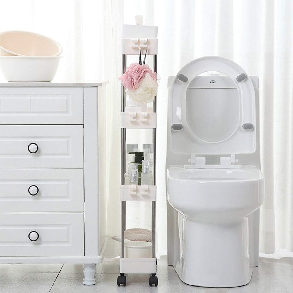 4 Tier Narrow Sliding Storage Organizer Rack Rolling Cart White L318