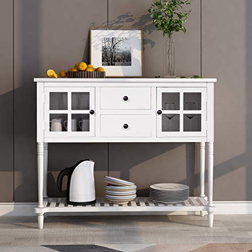 Buffet Sideboard Console Table with 2 Storage Drawers, 2 Cabinets & 1 Bottom Shelf, Storage Cabinet with Glass Doors for Kitchen Entryway Living Room Dining Room (Antique Navy)