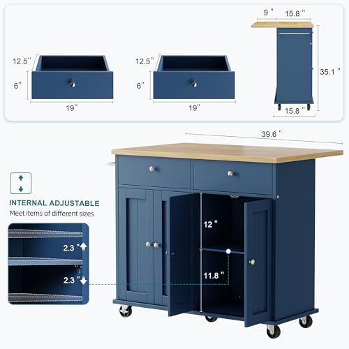 Shintenchi Kitchen Island with Drop Leaf, Rolling Cart with Storage, White T972