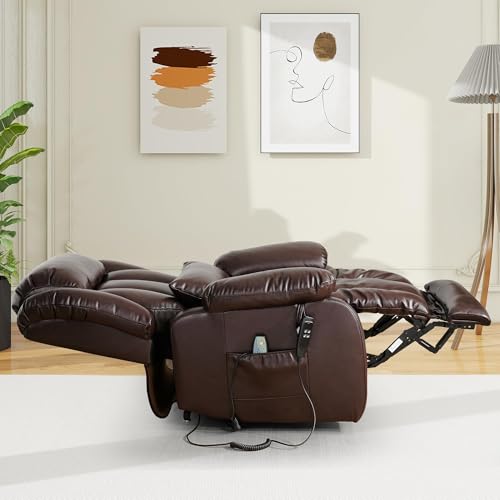 EDILLY Genuine Leather Power Lift Recliner Chair with Massage and Heating, Brown C901