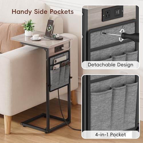 Vagusicc C Shaped End Table with Charging Station, Adjustable Height, Brown C747005