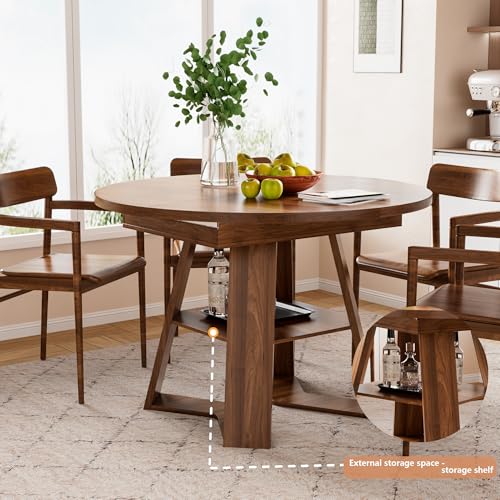 Extendable Round Dining Table for 4-8 with Removable Leaves, Wood Base, Walnut V742