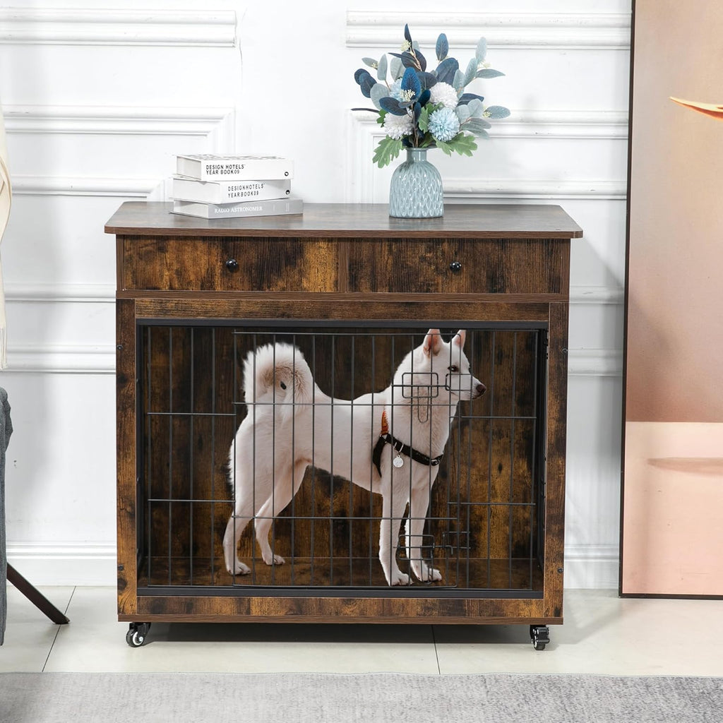 Yehha Cabinet Crate Furniture with Storage Drawer-Wheels, Wooden Kennel with 2 Doors, Steel-Tube Frame & Waterproof Table Top, Ider for Medium Small Large Dog, Brown, Full