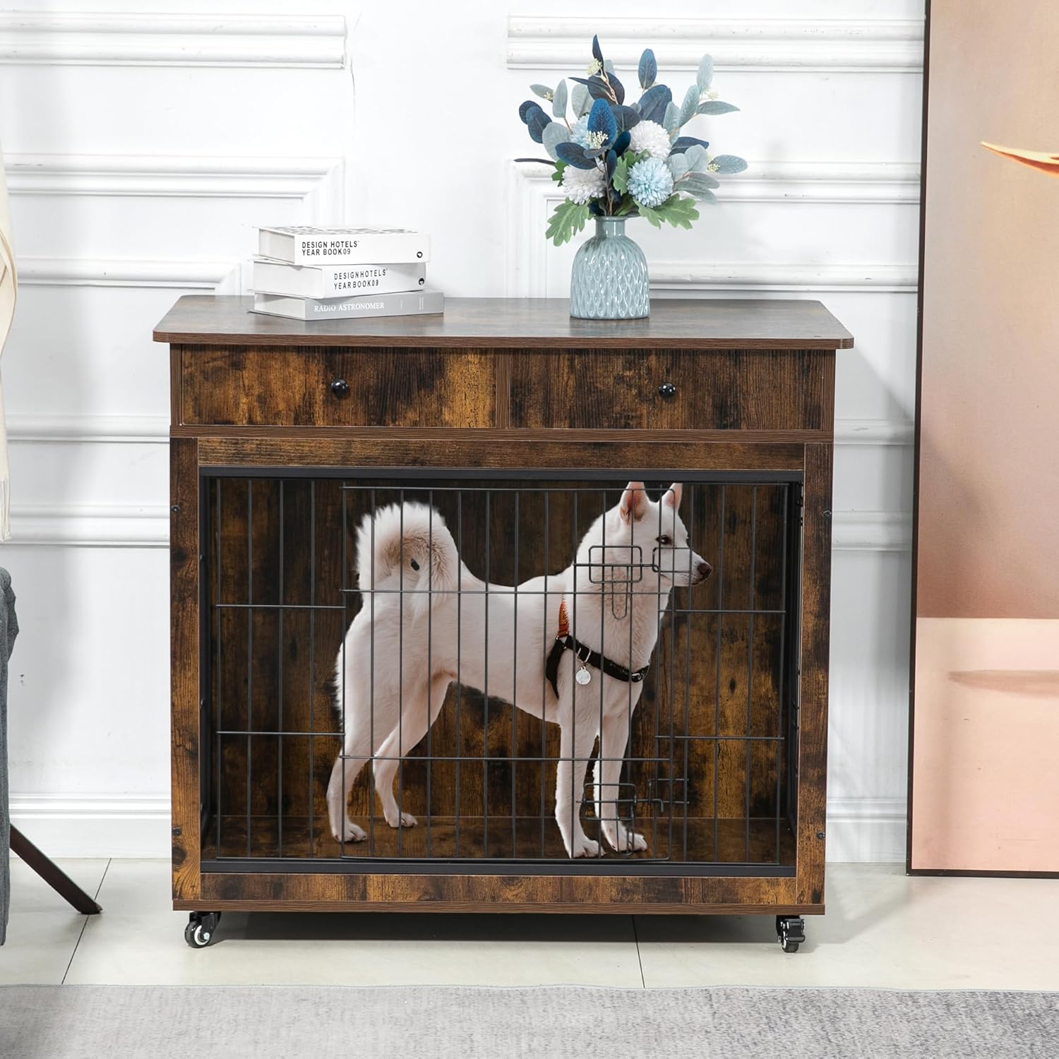 Yehha Cabinet Crate Furniture with Storage Drawer-Wheels, Wooden Kennel with 2 Doors, Steel-Tube Frame & Waterproof Table Top, Ider for Medium Small Large Dog, Brown, Full