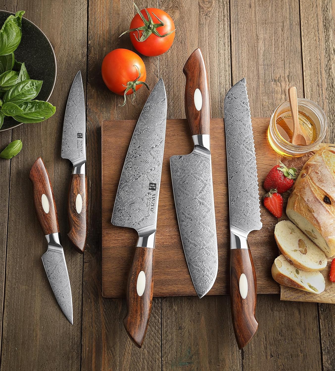XINZUO 5-Piece Damascus Knife Set with Wood Handle X547964