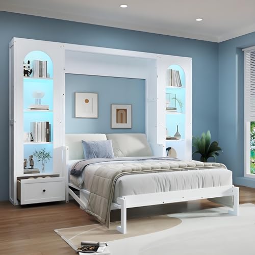 Queen Size Murphy Bed with Desk & Charging Station, White K505073