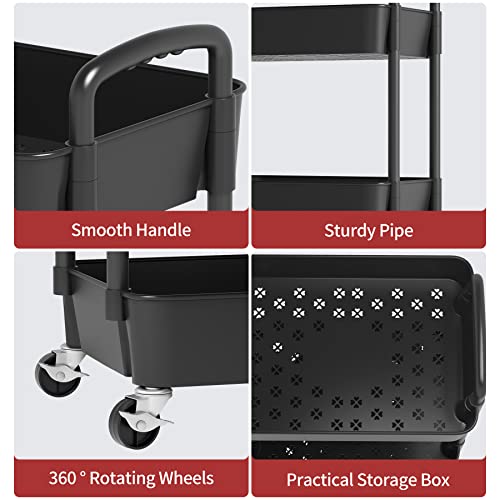 Sywhitta 3-Tier Plastic Rolling Utility Cart with Handle, Black F220270