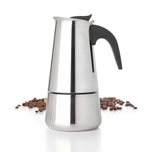 Mixpresso 6 Cup Greca Stovetop Espresso Maker 10oz, Moka Pot with Coffee Percolator Design, Stainless Steel Stove Top Coffee Maker for Camping or Home, Italian Coffee Maker Stovetop, Black Coffee Pot