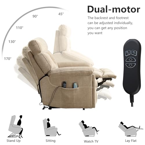 CANMOV Dual Motor Power Lift Recliner Chair for Elderly, Extra-Wide Seat, Heated Massage, Grey Fabric C219